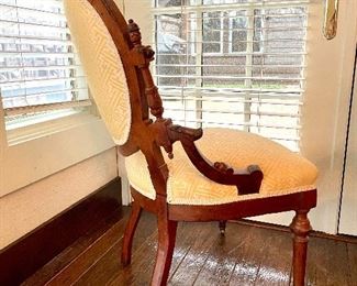 side view of the Victorian side chair with upholstery on the back also