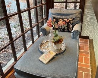 $400; blue velvet, 2-armed, chaise lounge; 27”w x 54”d x 36”h