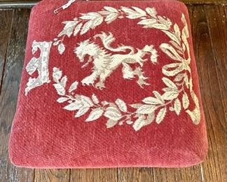 SOLD $60; foot stool with royal lion wreath and brass, nail-head border; 12”w x 12”d x 9”h