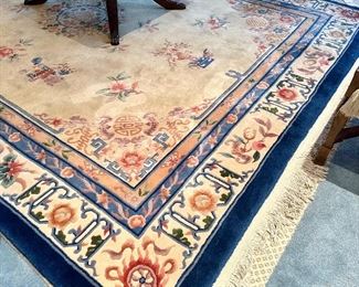 $2800; beautifully knotted, wool, Oriental medallion rug with ivory and navy; wonderful condition; fringe on short sides; 8’x10’