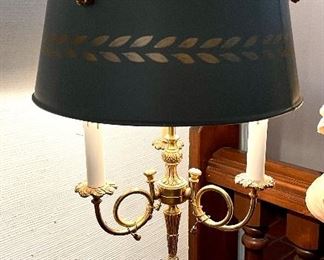 $400; elegant table lamp with french horns and blue, metal shade; 13”d x 25”h