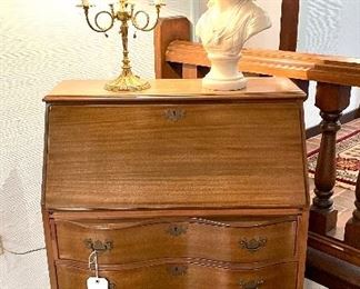 $650; Lammerts antique drop-front, 4-drawer secretary desk with claw feet; 29”w x 16”d x 41”h; open: 28”d