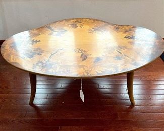 $400; veneer inlaid, hand-made coffee table; some cracks in the finish; 43”w x 34”d x 16”h