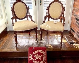 $1500; Pair of Victorian Renaissance Revival side chairs on casters; extensively carved with gorgeous, Easter yellow, Greek key upholstery; 20”w x 19”d x 39”h