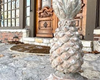 SOLD      $250 for the PAIR of stately concrete pineapples; Welcome guests to your home or decorate your interior with  these; 9”d x 26h