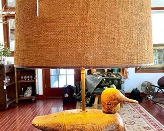 SOLD 150; Duck lamp with burlap shade; 18”w x 12”d x 24”h