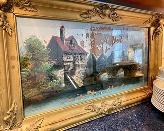 $80; antique painting on glass in amazing gold frame: 28”w x 17”h. Yes, the paint is chipping. We think it's character...