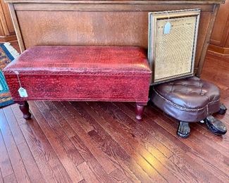 $150; vintage, leather and wood turtle footstool; 21”w x 26”d x 9”h                   SOLD - $100; vintage faux skin bench; 36”w x 16”d x 17”h          