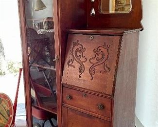 $250; antique Larkin Desk with glass door and shelving; 36”w  x 13”d x 68h”