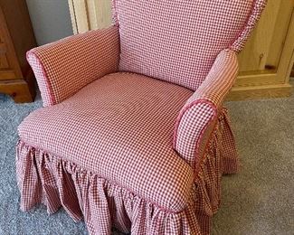 $200; petite, sweetheart chair custom upholstered in gingham with skirt; GREAT condition. 26”w x 24”d x 32”h