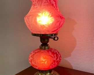 SOLD $80; vintage lamp with rose glass and brass base; 7”d x 15”h