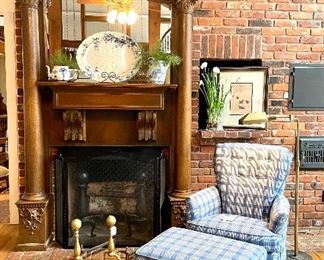 Blue and white check/stripe reupholstered rocker and ottoman. Great condition, comfortable. Well scaled for a smaller space. 