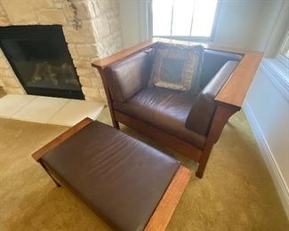 Tadych leather chair and ottoman with solid wood sides and back