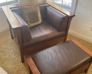 Tadych leather chair and ottoman with solid wood sides and back