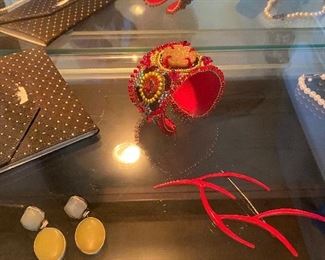 Earrings , Fun bracelet cuff, red enamel pin from Third Ward Jewelry