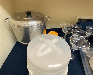 Plasticware, margarita glasses, covered cake plate, cookware