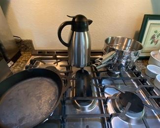 Cast iron pan, double boiler, coffee carafe