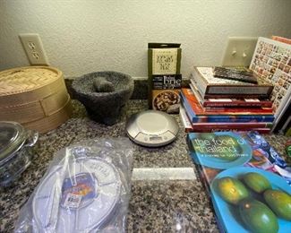 Large stone Mortar and pestle, fajita maker, kitchen scale and cookbooks