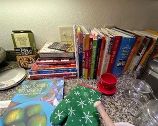 Cookbooks, mortar and pestle