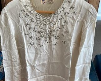 Vintage Baige Hand Embroidered Women's Top, 100% Pure Silk