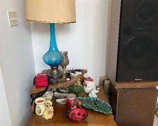 Vintage blue lamp, table, and Knick knacks