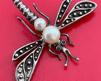 Sterling Dragonfly with Pearls