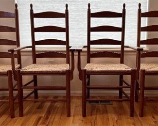 (4) Oak And Woven Rattan Seat Ladder Back Chairs - (2) Side Chairs And (2) Captains Chairs
