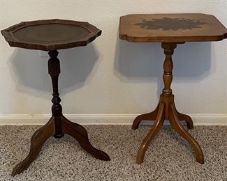 (2) Vintage Small Side Tables - (1) Pie Table With Leather Inset Top And (1) Tole Painted Top