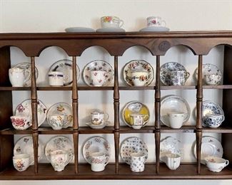 Assorted Teacups And Saucers With Wood Hanging What Not Shelf - Limoges, Taylor & Kent, China, And More