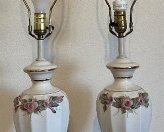 (2) Floral Ceramic Table Lamps With Gold Trim And Glass Finials