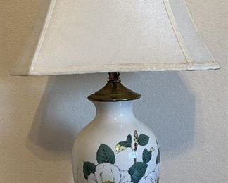 Ceramic Floral Painted Table Lamp With Brass Trim And White Shade