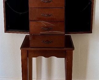Small Wood And Veneer Jewelry Cabinet With Pull Out Sides & Top Compartment With Mirror (As Is