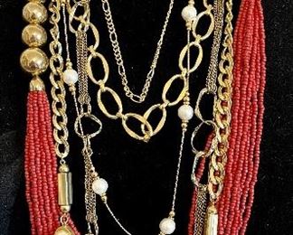 Collection Of Vintage Gold Tone Necklaces Including Seed Bead, Chain, Choker, And More