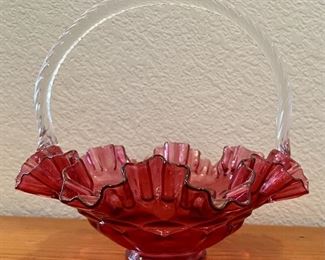 Fenton Cranberry Glass Clear Handled Ruffled Basket