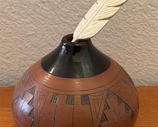 M. Blackhorse Kokopelli Carved Pottery Vase With Bone Quill