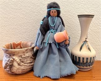 (2) Pieces Of Southwestern Style Pottery And Hand-Made Material Doll