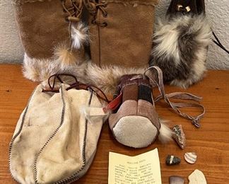 (3) Vintage Leather And Rabbit Fur Trim Medicine Bags And A Pair Of Rabbit Fur Trim Half-Gloves