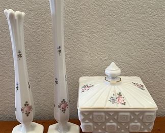 Collection Of Westmoreland Hand-Painted Milk Glass, Covered Compote, And (2) Bud Vases