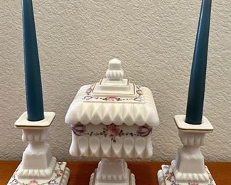 Collection Of Westmoreland Hand-Painted Milk Glass - Covered Compote, (2) Candle Holders