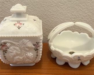 (2) Westmoreland Hand-Painted Milk Glass - Handled Basket And Covered Dish
