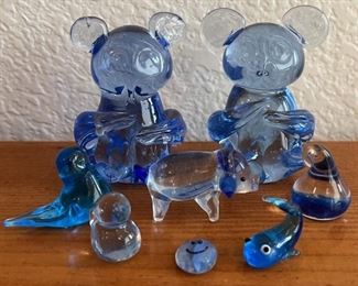 Collection Of Small Blue Art Glass Figurines - Pig, Bird, Whale, And More