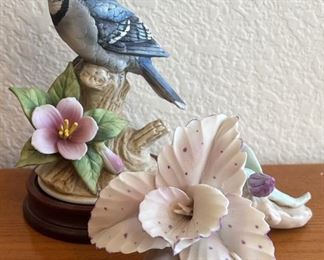 Andrea By Sadek Blue Jay 9386 Figurine And Unmarked Ceramic Flower