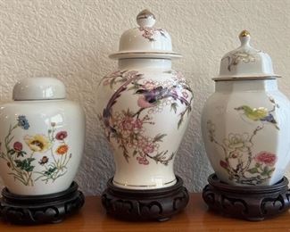 (3) Assorted Ginger Jars With Wood Bases - Takahashi, Toyo Sakura, Ming Garden Japan