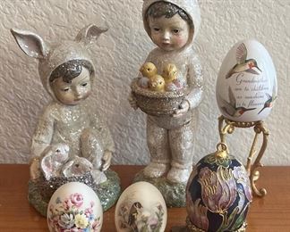 Small Easter Lot - (2) Hand Painted Porcelain Eggs, (2) Figurines, And More