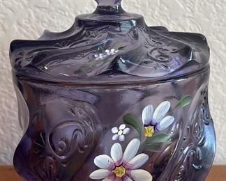 Purple Fenton Hand Painted By S. Battan Covered Candy Dish