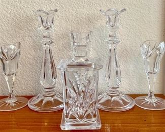 Assorted Glass And Crystal Candle Holders, Bud Vase, And Royal Limited Lidded Dish