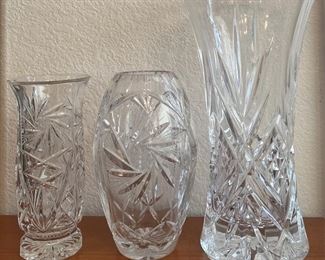 (3) Lead Crystal Vases - (2) Starburst Pattern And (1) Diamond Pattern