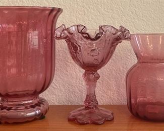 Fenton Cranberry Ruffled Compote With Pilgrim Hand Blown Vase And Unmarked 7.5 Inch Vase