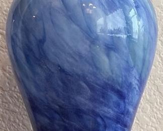 Hand-Blown Art Glass Blue Ruffled Vase With Hong Kong Wood Carved Base