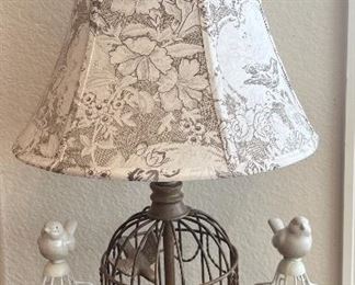 Metal Bird Cage Lamp With Bird Print Shade And (2) Small Bird Cage Candle Holders